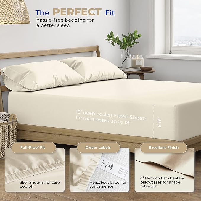 THREAD SPREAD King Size Sheets Set Cotton - 400 Thread Count Cotton King Sheets 4 PC Set (Ivory), Ultra Soft, Cooling, Hotel-Quality 16" Deep Pocket Sateen Weave Bedsheet for Hot Sleepers