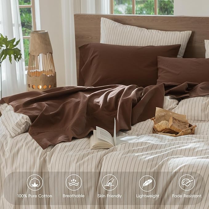 MooMee Bedding Sheet Set 100% Washed Cotton Linen Like Textured Breathable Durable Soft Comfy (Solid Cocoa Brown, Twin XL)