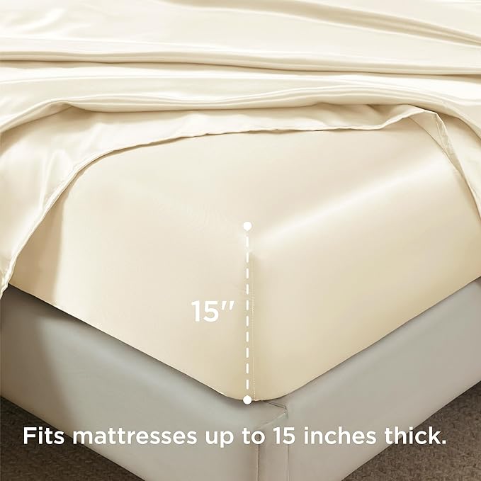 Bedsure Satin Sheets Queen Size - 4 Piece Silky Bedsheets with 15 Inches Deep Pocket Fitted Bedsheet,1 Flat Sheet, 2 Satin Pillowcases, Good for Hair & Skin (Queen, Cream)