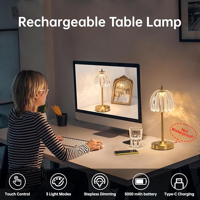 Tulip Table Lamp with 5000mAh Battery & Touch Control, Cordless Small Table Lamp with 3 Colors, Dimmable Rechargeable Table Lamps for Living Room, Bedroom, Desk, Bedside (Transparent Tulip)