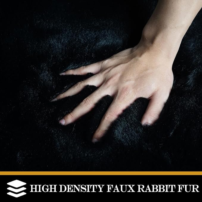 Latepis Fluffy Round Area Rugs 4ft Black Shag Rug Circle Faux Fur Rabbit Rug for Living Room Bedroom Furry Carpet for Nursery Kids Rugs Cute Room Decor