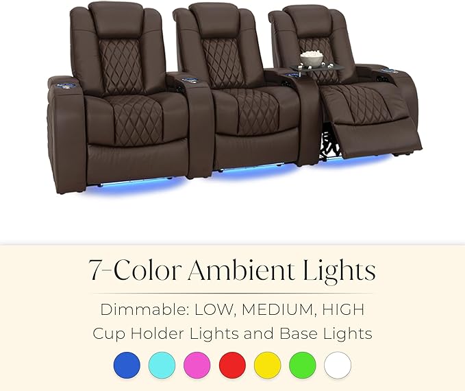 Seatcraft Diamante Zero-Gravity CoolZero Italian Leather Home Theater Seating, Power Headrest, Power Recline, Row of 5 Sofa, Brown