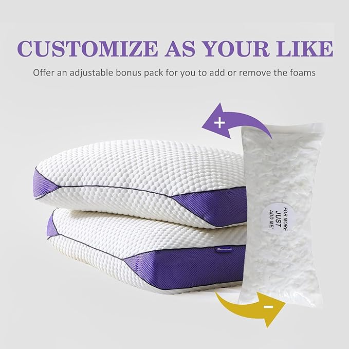 HOMELAB Adjustable Shredded Memory Foam Pillow Queen Size, Cooling Bed Pillow for Sleeping with Removable Cover, Medium Pillow for Side Stomach & Back Sleepers, 1 Pack 20"x28"