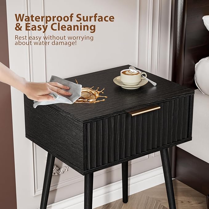 VINGLI Fluted Nightstand with Drawer, 19" W Mid Century Modern Nightstand for Bedroom, Bedside Table, End Tables Bedroom, Wood Night Stand, Black, 18.9" W*14.96" D*24" H