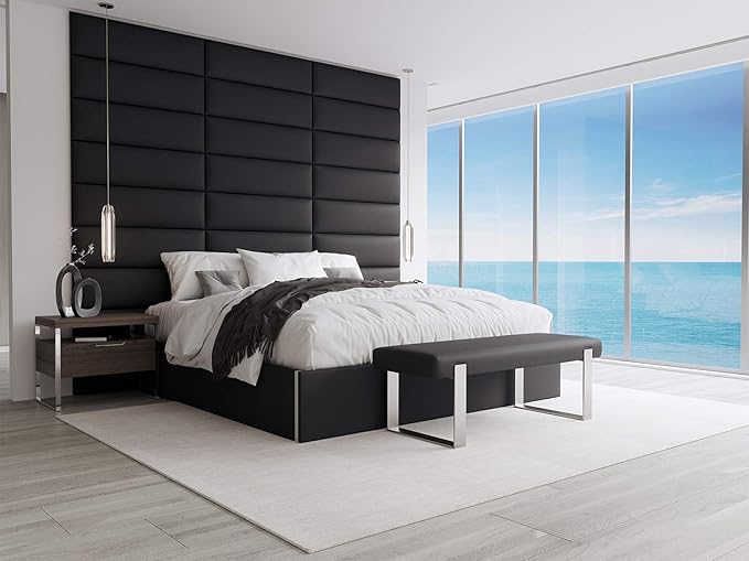 VANT Upholstered Bed Bench - Vintage Leather Jet Black - Brushed Nickel - Contemporary Modern, Bedroom Bench Seat, Hallway, or Entryway