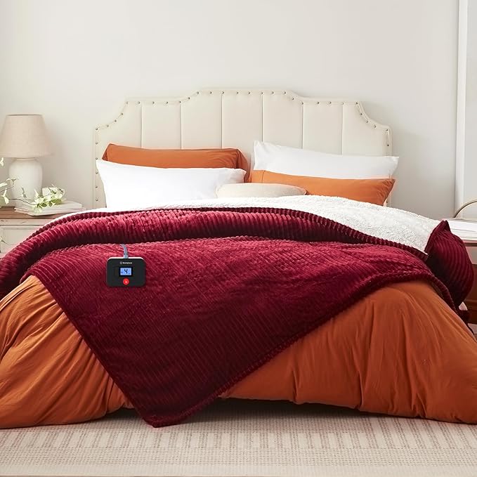 Westinghouse Electric Blanket Twin, Soft Ribbed Flannel to Sherpa Heated Blanket with 10 Heating Levels & 1-12 Hours Auto Shut Off, Fast Heating & Machine Washable, 62x84 Inch, Red