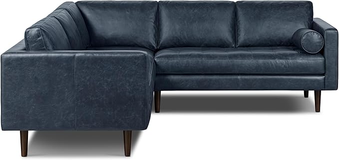 Poly & BARK Napa 98” Leather Corner Sectional Sofa – Full-Grain Italian-Tanned Aniline Leather, Feather-Down Comfort, Solid Wood Frame – Nightfall Blue