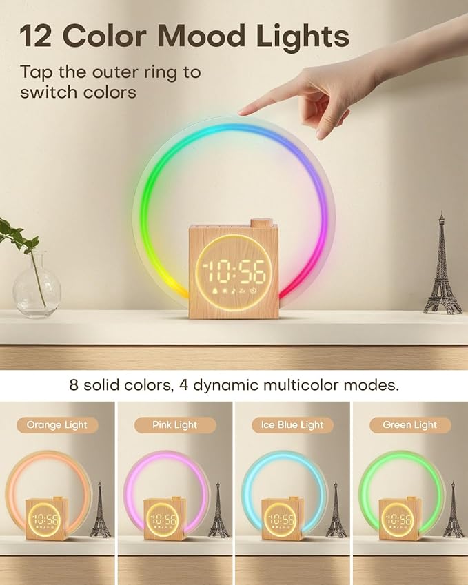 Sunrise Alarm Clock, White Noise Sound Machine, Alarm Clocks for Bedrooms with 12 Color Ambient Nightlight, White Noise Machine with 30 Soothing Sounds, Gifts for Adults, Kids, Couples, and Friends