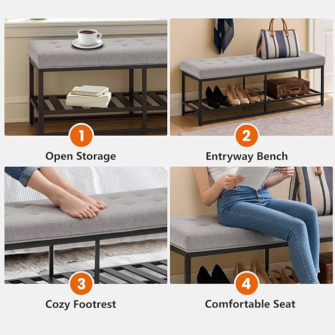 Storage Ottoman Bench with Upholstered Tufted Linen Fabric, Large End of Bed Bench with Iron Frame Rectangular Foot Stool for Living Room, Bedroom, Entryway Gray