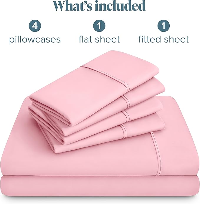 Bare Home Hotel Luxury Queen Sheet Set, Extra Soft - 6 Piece Set - Deep Pockets - Easy Fit - Cooling & Breathable - Wrinkle, Fade, Stain Resistant - Includes 4 Pillowcases (Queen, Light Pink)