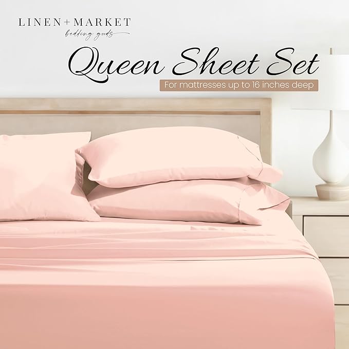 Linen Market Double-Brushed Microfiber Queen Sheet Set 4 Piece – Oeko-TEX Certified Ultra Soft & Wrinkle-Free - 16" Deep Pocket Sheets - Easy Care Queen Size - Blush