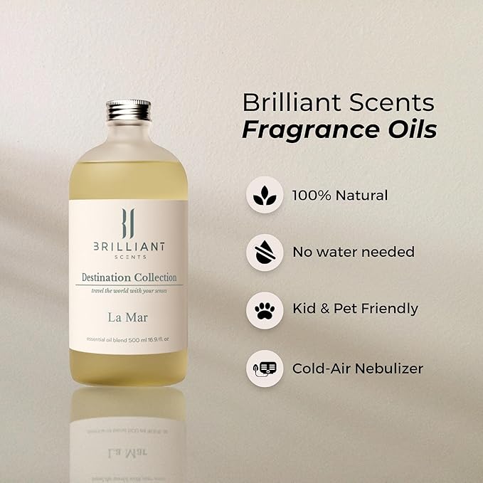 Brilliant Scents La Mar Fragrance Oil 120ml - Premium Diffuser Oil for Home, Office, Hotels - Long Lasting, Plant-Based, Meets IFRA Standards, USA-Made - White Tea, Ginger, Musk