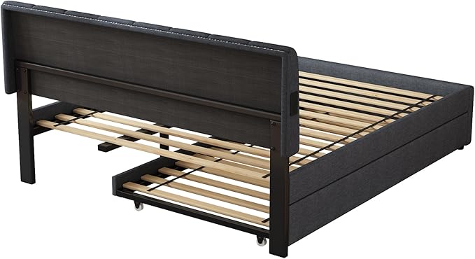 Queen Size Upholstered Platform Bed with Trundle and 1 Sets of USB, Linen Fabric Full and Twin Double Bed w/LED Lights with APP for Bedroom,Dark Gray