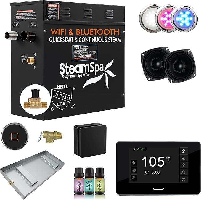 SteamSpa Steam System 4.5kW Steam Shower Generator with Bluetooth Wifi, Quickstart Continous Steam, Advanced Touch Pad Screen, Chroma Lights, Drain Pan and Auto Drain Black RVBS450BK-A