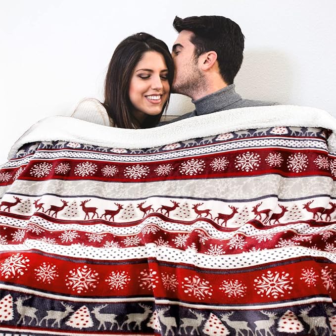 PAVILIA Premium Christmas Sherpa Throw Blanket | Christmas Decoration Reindeers, Fleece, Plush, Warm, Cozy Reversible Microfiber Holiday Blanket 60x80