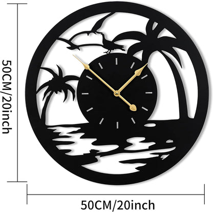 20inches/50cm Wall Clocks Palm Tree Battery Powered No Ticking Silent Round Black Modern Unique Metal Wall Clocks Suitable Living Room Kitchen Bedroom Fireplace Office Farmhouse。