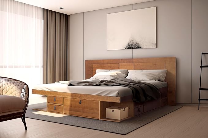 memomad Bali Slim Set: Storage Platform Bed with Drawers + Flat Panel Headboard (King Size, Oak Brown Wood)