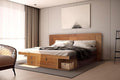 memomad Bali Slim Set: Storage Platform Bed with Drawers + Flat Panel Headboard (King Size, Oak Brown Wood)
