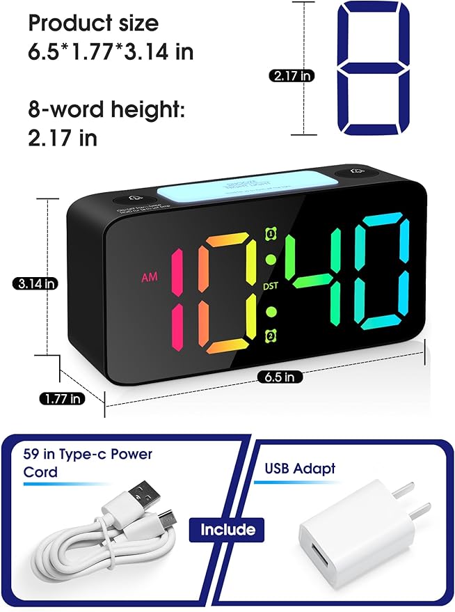 Cadmos Super Loud Alarm Clock for Heavy Sleepers Adults,Digital Clock with 7 Color NightLight,Adjustable Volume,USB Charger,Small Clocks for Bedrooms Bedside,ok to Wake for Kids,Teens (Black+RGB)
