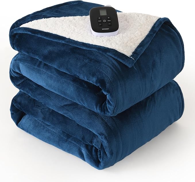 WOOMER [5-Year Warranty] Electric Blanket Full Size,Durable Flannel and Soft Sherpa,Dual Control,77”×84” Heated Throw Blanket, 10 Heat Levels&0.5-12h auto-Off,Energy Efficient,ETL Certified