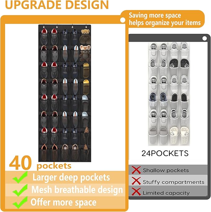 Over The Door Shoe Organizer, 40 Large Mesh Pockets Hanging Shoe Rack Organizer for Closet Behind The Door Storage Holder for Entryway Bedroom Dorm Black