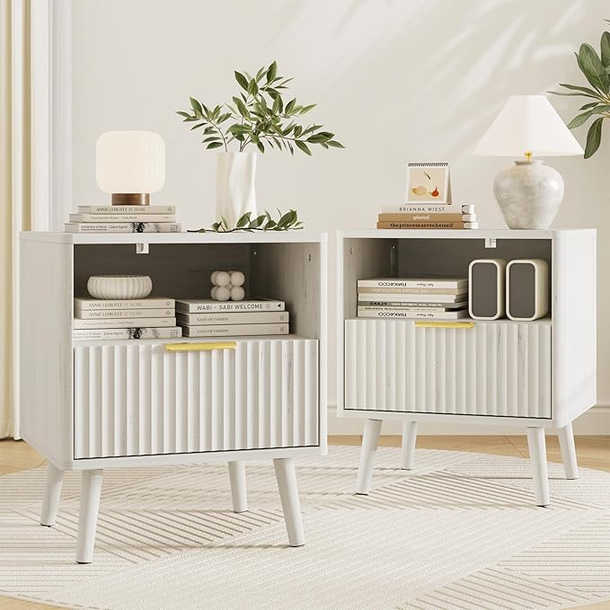 LYNSOM Fluted Dresser and Nightstand Sets 3 Piece, 7-Drawers Dresser and 1-Drawer Nightstands Set of 2, Wood Bedroom Furniture Set for Home, Bedroom, Hallway, White