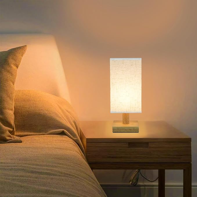 Small Bedside Table Lamp for Bedroom, Minimalist Nightstand Lamp with Square Fabric Linen Shade, Mini Cute Study Reading Desk Lamp Night Table Lamp for Living Room,Nursery, Home, Office,4.3in