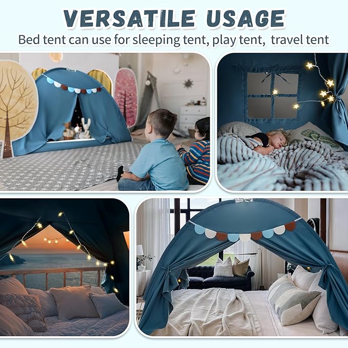 Razee Twin Bed Tent for Kids, Twin Size Toddler Canopy Indoor Playhouse Canopy Privacy Tent on Bunk Bed Sleep Inside Drafty Room Kid Toys for Boy Girl Birthday Gift, Blue Jean Color