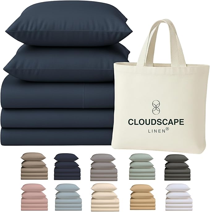 Cloud Scape Linen 100% Egyptian Cotton Split King Sheet Set for Adjustable Bed,400 Thread Count, 5 Pcs Bedding Set, Soft, Breathable and Durable, Deep Pockets up to 17, Dark Denim