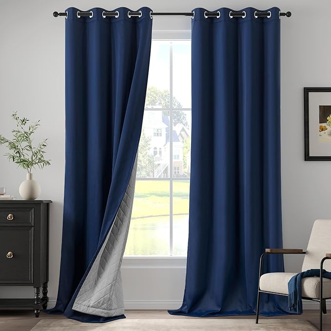 Extra Long Blackout Soundproof Curtains Triple Layer Full Blackout Drapes Noise Canceling Heat Insulating Winter Curtains for Bedroom Living Room (1 Panel, Navy Blue, 50" x 120")