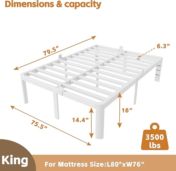16 Inch Bed Frame King Size with Metal Gaskets, Anti-Slip Mattress Stopper, No Box Spring Needed, Heavy Duty Steel Support 3500 LBS, DIY Headboard, Round Corner Leg, Easy Assembly, White
