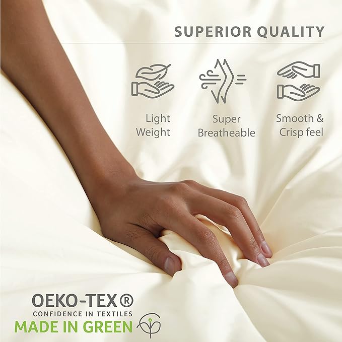 Linen Home 100% Cotton Percale Sheets Twin Size, Ivory, Deep Pocket, 3 Pieces Set - 1 Flat, 1 Deep Pocket Fitted Sheet and 1 Pillowcase, Crisp Cool and Strong Bed Linen