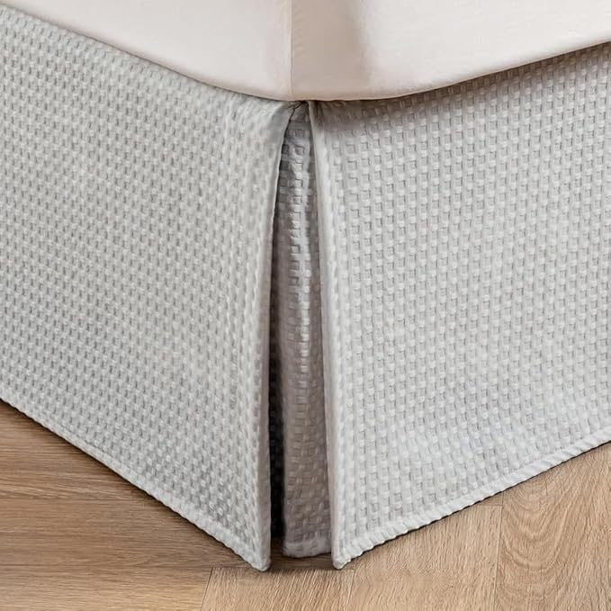 MIYE Pleated Waffle Weave Bed Skirt, Tailored Dust Ruffle 16 Inch Drop Easy Fit, Machine Washable (Light Grey, Full - 16" Drop)