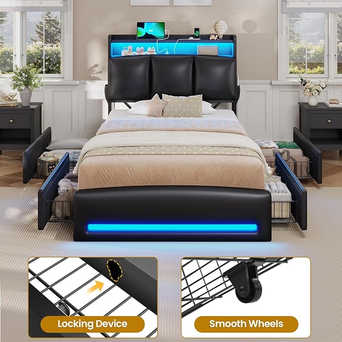 VIAGDO Twin Bed Frames with Storage Headboard and Charging Station, Leather Upholstered Bed Frame Twin Size with 4 Drawers and LED Lights, Type C and USB, No Box Spring Needed, Black