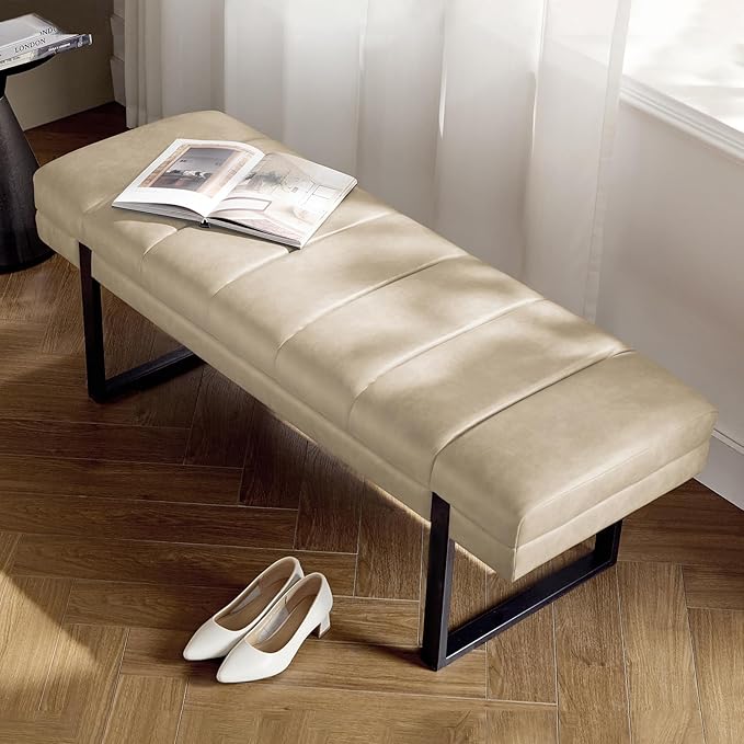 HULALA HOME 53" Faux Leather Entryway Bench, Button Tufted End of Bed Bench Ottoman for Bedroom, Living Room with Metal Base,Beige
