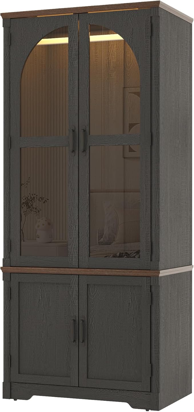 Tall Farmhouse 2 Doors Armoire Wardrobe Closet with LED ,72" Freestanding Arched Wardrobe Closet Cabinet for Bedroom w Glass Doors,Wooden Clothing Storage Cabinet,Closets for Bedroom(Black)