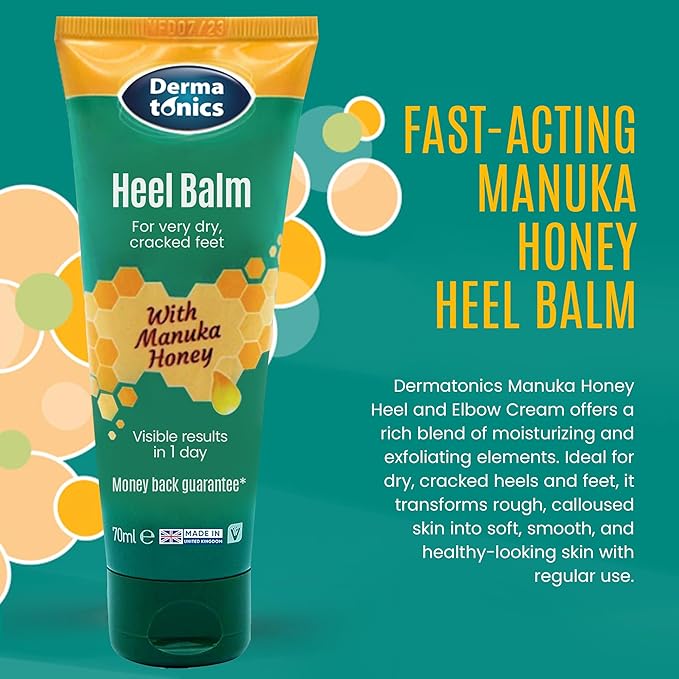 Dermatonics Foot Cream with Manuka Honey, Heel & Elbow Treatment, Exfoliating, Moisturizing Care for Cracked Heels and Dry Skin - 2.37 fl oz Tube