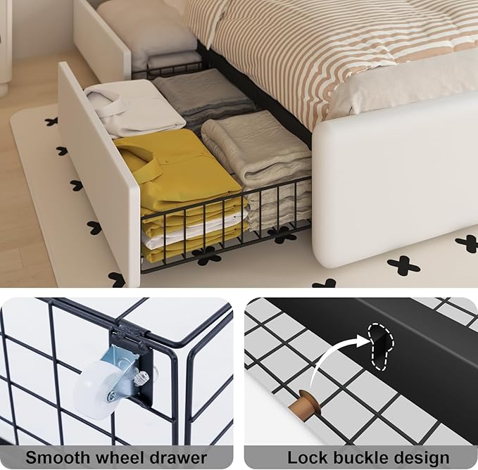 Queen Bed Frame with 4 Storage Drawers and Adjustable Headboard, Upholstered Platform LED Bed with Type-C&USB Ports, Solid Wooden Slats Support, Faux Leather, Easy Assembly, Beige