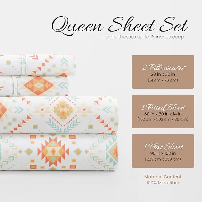 Linen Market Patterned Microfiber Queen Sheet Set 4 Piece – Oeko-TEX Certified Ultra Soft & Wrinkle-Free - 16" Deep Pocket Sheets - Easy Care Queen Size - Aztec Dreams Coral