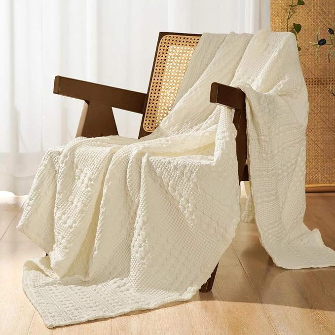 PHF 100% Cotton Waffle Weave Throw Blanket, Soft Lightweight Breathable Cozy Throws for Couch Bed Sofa, Luxury Aesthetic Woven Blanket for Home Decor & Office, 50"x60", Cannoli Cream