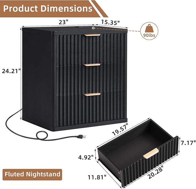 LEYAOYAO 23" Wide Fluted Night Stand with Charging Station,3 Drawers Large End Table with Storage,Black Nightstand Wood Bedside Tables, Farmhouse Cabinet Dresser for Bedroom,Closet