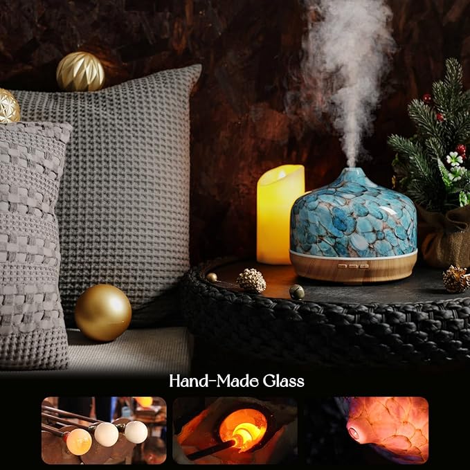 Porseme 500ml Glass Essential Oil Diffuser Aromatherapy Ultrasonic Cool Mist Humidifier 15-21 Running Hours Waterless Auto-Off Air Diffusers for Sleeping Yoga Office Working Spa and Rest (Light Blue)