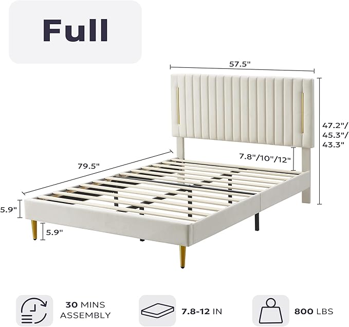 Full Platform Bed Frame, Velvet Upholstered Bedframe with Vertical Channel Adjustable Headboard, Golden Plating Trim, Mattress Foundation with Wooden Slats, No Box Spring Needed, Beige