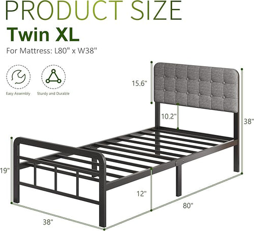 12 Inch Twin XL Bed Frames with Upholstered Headboard and Metal Footboard, No Box Spring Needed, Heavy Duty XL Twin Metal Mattress Foundation, Noise Free, Easy Assembly