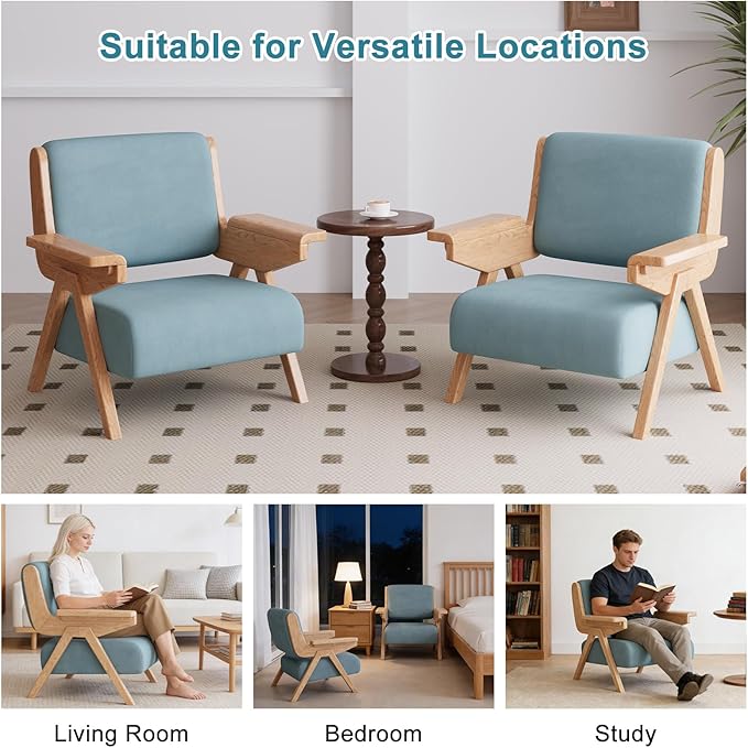 Accent Chair Mid Century Modern Chair, Velvet Upholstered Lounge Arm Chair with Solid Wood, Cozy Reading Chair for Living Room, Bedroom, Balcony (Blue)
