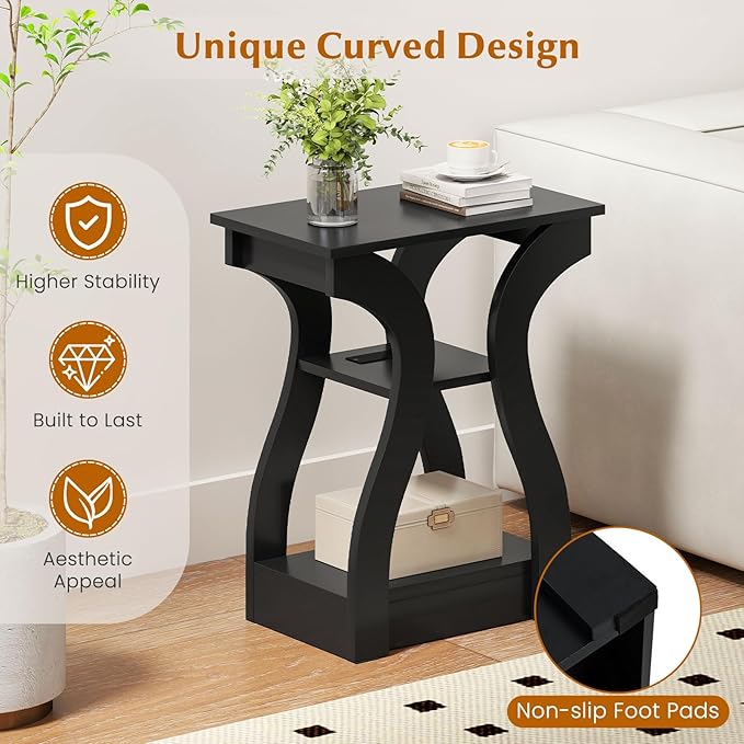 Giantex Narrow End Tables with Charging Station Set of 2, Wood Sofa Side Tables with Open Storage Shelves, Bedside Tables with USB Ports & Outlets, Modern Nightstands for Living Room, Bedroom, Black