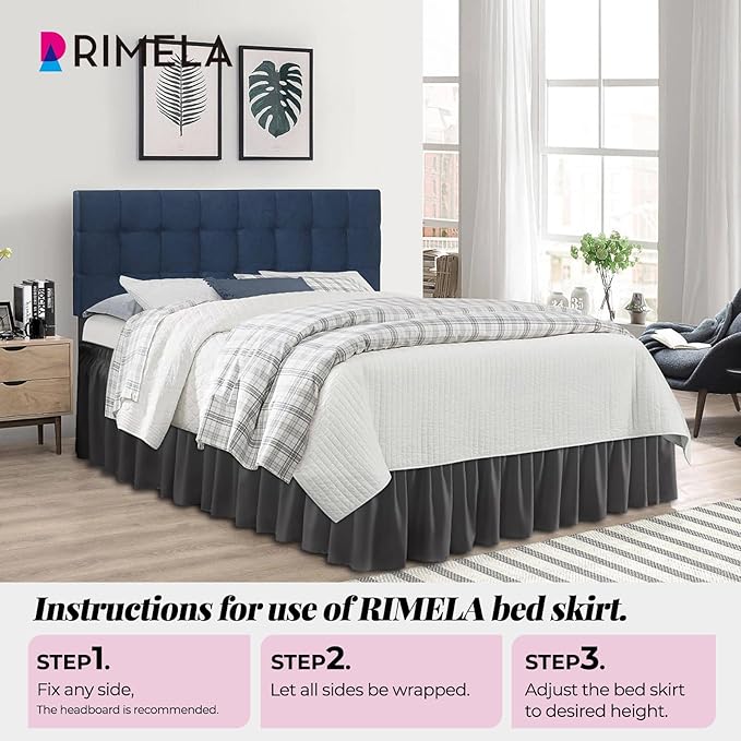RIMELA Dark Grey Bed Skirt for Queen Size Beds & Matresses Wrap Around Elastic Dust Ruffles for Box Spring, Solid Wrinkle and Fade Resistant Machine Wash Fabric Easy to Install, Bedskirt 15 Inch Drop
