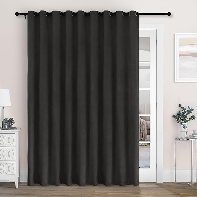 Macochico 100% Blackout Chenille Curtains for Sliding Door Thermal Insulated Noise Reducing Drapery for Living Room Bedroom Hotel, Grommet Drapes with Tieback, Charcoal Grey, 120" Wx96 L 1 Panel