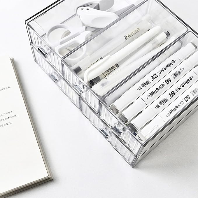 Desk Drawer Organizer, Stackable Office Supplies Desk Organizer, Plastic Plastic Storage Drawer, Desk Grocery Organizer For Stationery/Office Supplies (Clear, 3 Compartment)