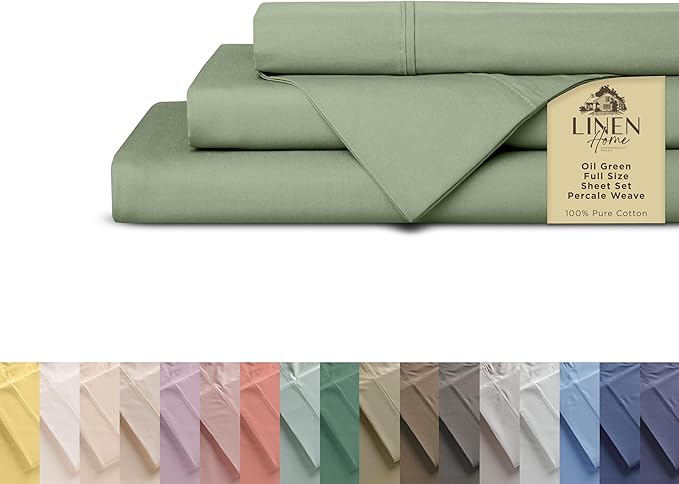 Linen Home 100% Cotton Percale Sheets Full Size, Oil Green, Deep Pocket, 4 Pieces Set - 1 Flat, 1 Deep Pocket Fitted Sheet and 2 Pillowcases, Crisp Cool and Strong Bed Linen
